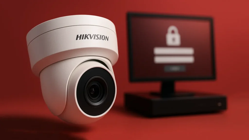 Cámara domo moderna de Hikvision con logotipo visible en primer plano; al fondo monitor con pantalla de inicio de sesión y NVR, ilustrando acceso y contraseña por defecto.