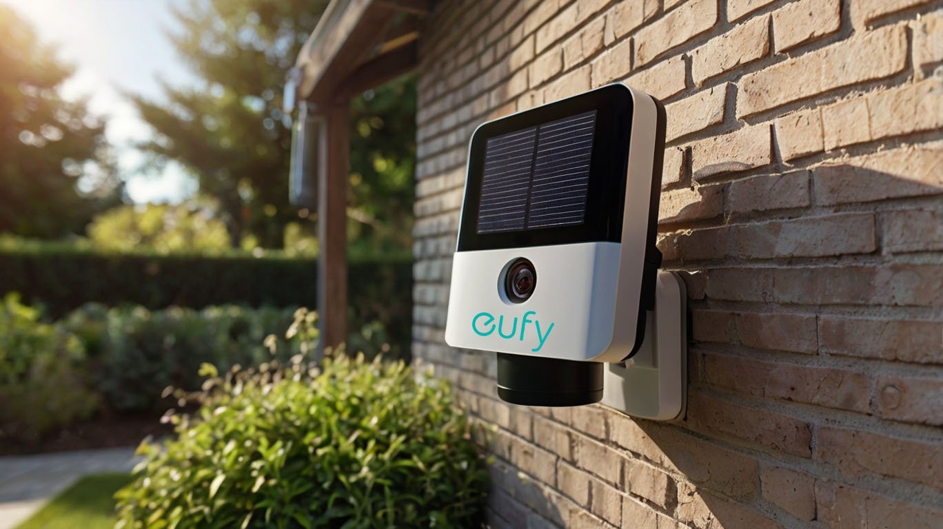 Cámara de seguridad Eufy montada en una pared exterior con panel solar, rodeada de árboles y césped bajo la luz del sol