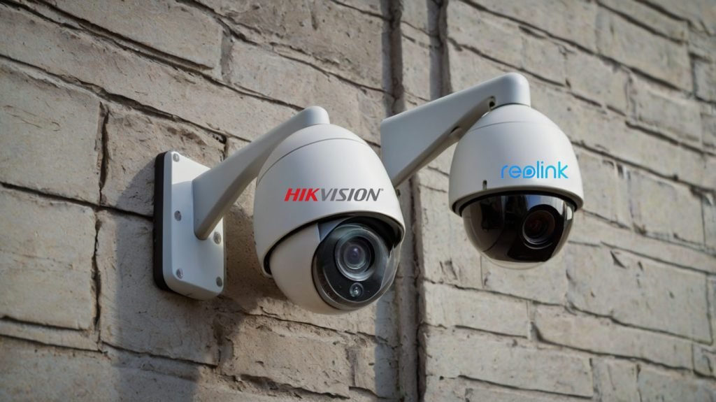 Imagen que muestra una cámara Hikvision y una Reolink instaladas en una pared, destacando sus diferencias de diseño y tamaño.