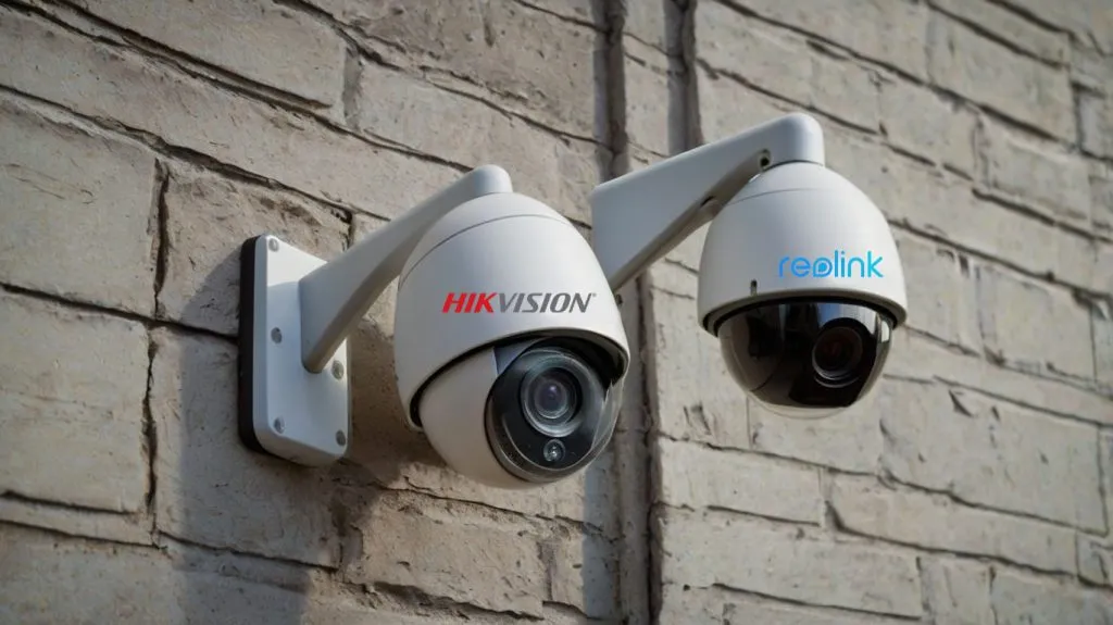 Imagen que muestra una cámara Hikvision y una Reolink instaladas en una pared, destacando sus diferencias de diseño y tamaño.