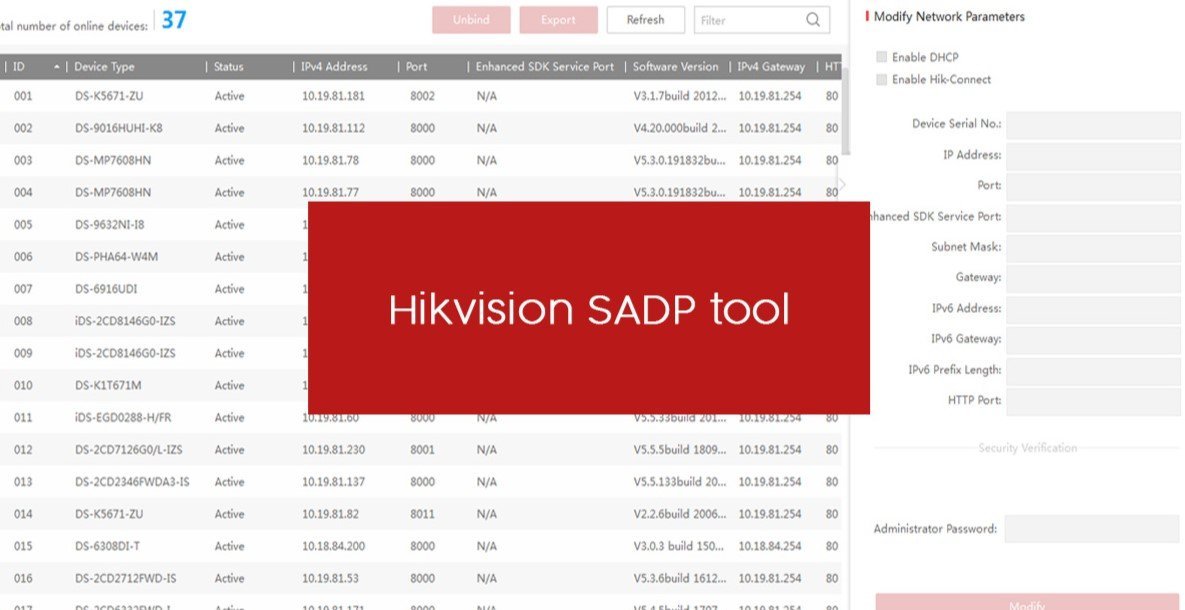 Interfaz de recuperación de contraseña Hikvision en una computadora, mostrando el software SADP Tool con un DVR/NVR Hikvision en el escritorio.