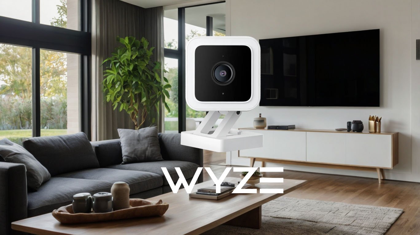 Instalación de cámaras de seguridad Wyze en una sala de estar moderna, con cámaras discretas y activas, mostrando un ambiente seguro y tranquilo con vistas a un vecindario