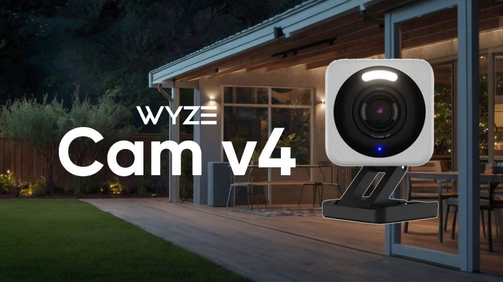 Imagen de la Wyze Cam v4 montada al aire libre mostrando su diseño resistente al clima con visión nocturna a color y función de detección de movimiento en un escenario residencial.