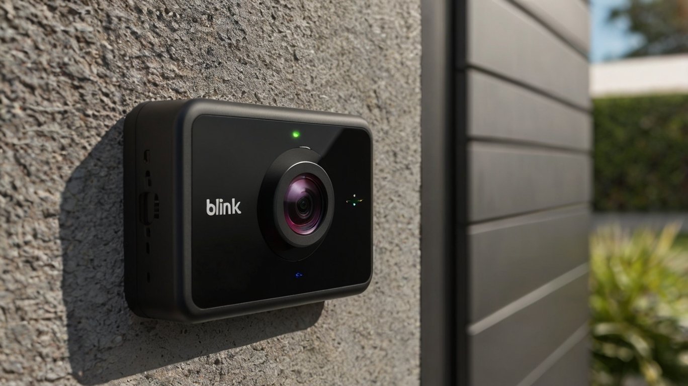 Imagen de una cámara Blink montada en una pared exterior junto a accesorios como carcasa resistente, panel solar, baterías recargables, y tarjeta microSD para mejorar la seguridad y funcionalidad.Imagen de una cámara Blink montada en una pared exterior junto a accesorios como carcasa resistente, panel solar, baterías recargables, y tarjeta microSD para mejorar la seguridad y funcionalidad.