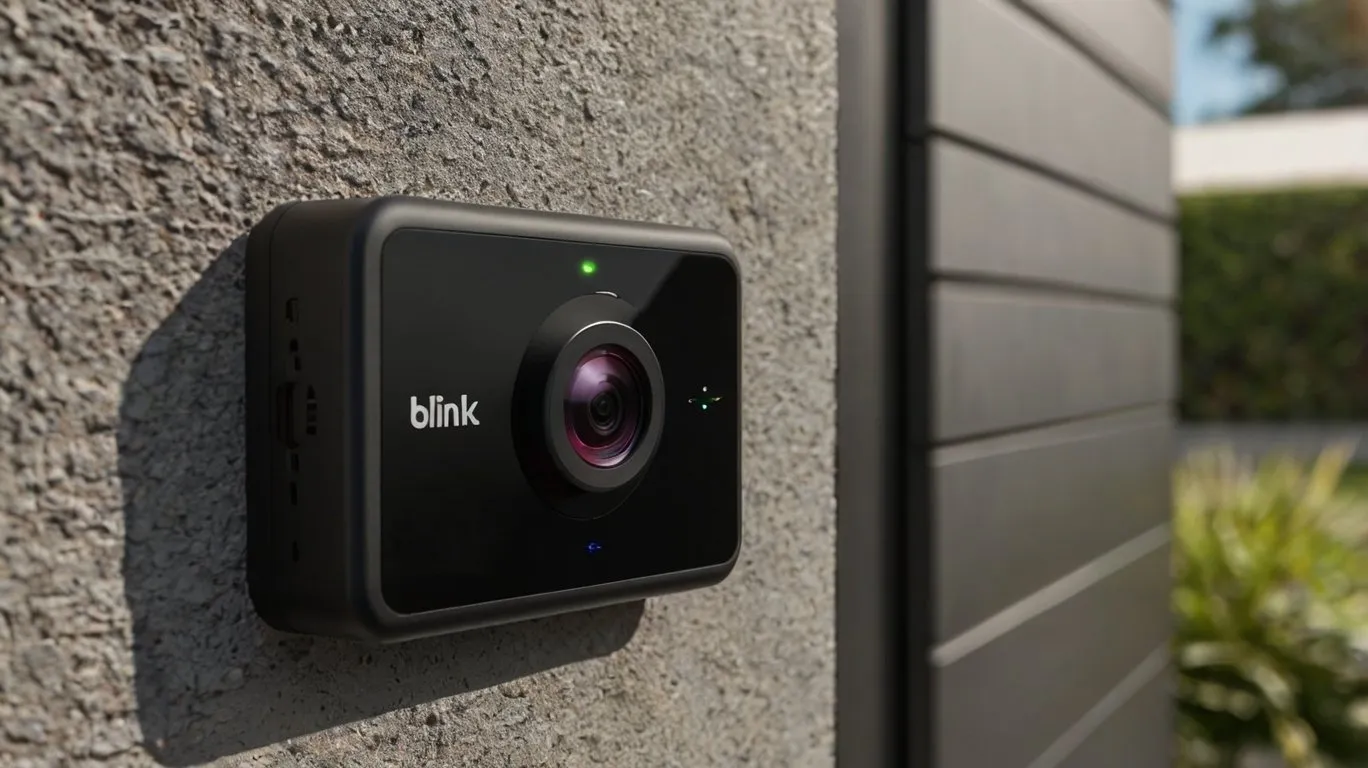 Imagen de una cámara Blink montada en una pared exterior junto a accesorios como carcasa resistente, panel solar, baterías recargables, y tarjeta microSD para mejorar la seguridad y funcionalidad.Imagen de una cámara Blink montada en una pared exterior junto a accesorios como carcasa resistente, panel solar, baterías recargables, y tarjeta microSD para mejorar la seguridad y funcionalidad.