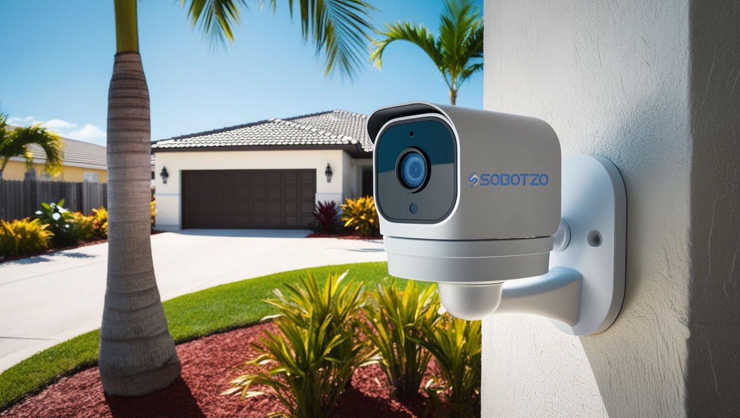 Cámara de seguridad instalada en el exterior de una casa en Homestead, Florida, diseñada para vigilancia avanzada con visión nocturna y resistencia al clima.