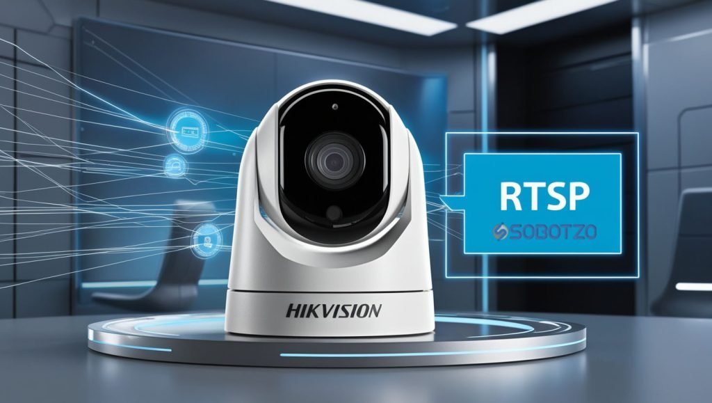 Cámara Hikvision transmitiendo video en tiempo real con URL RTSP en un entorno de seguridad digital.