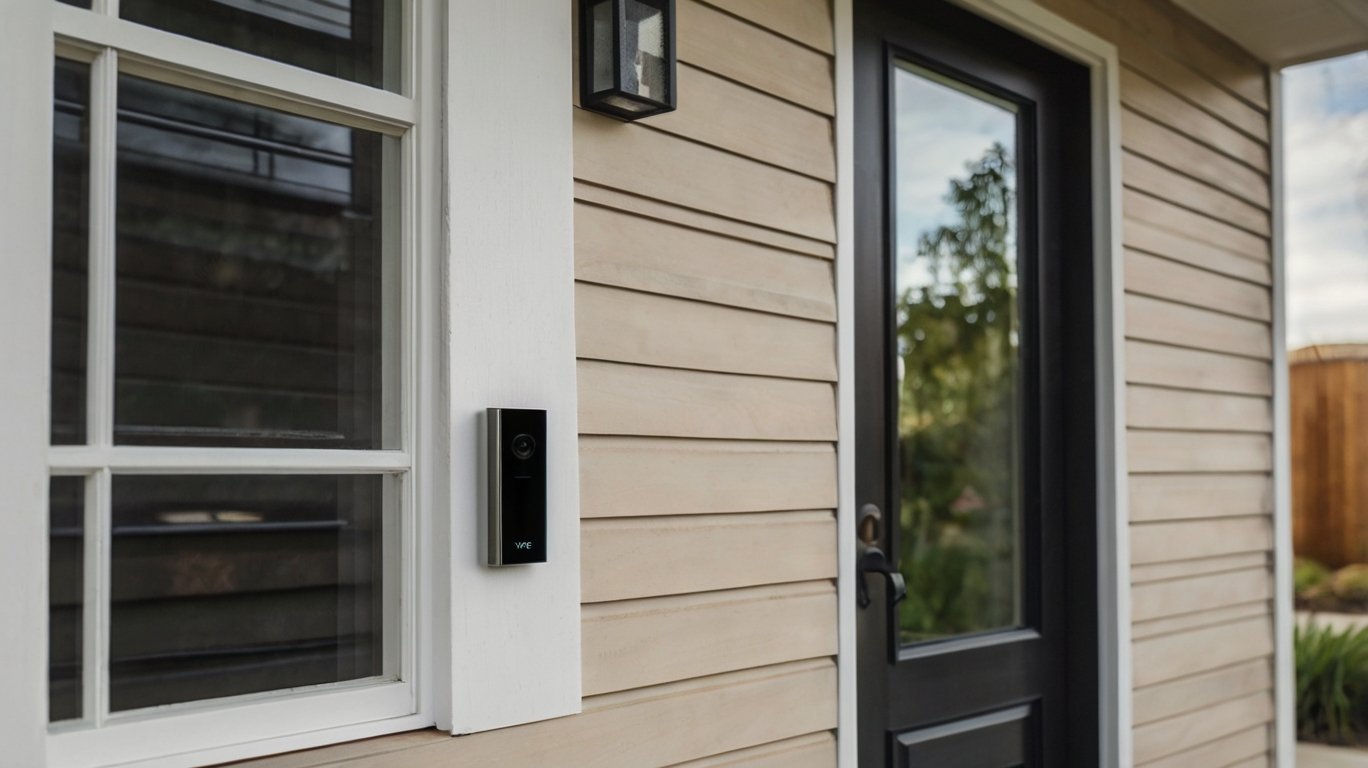 Imagen del Wyze Doorbell instalado en la entrada de una casa moderna, junto con Wyze Chime enchufado en una toma de corriente cercana para recibir notificaciones.