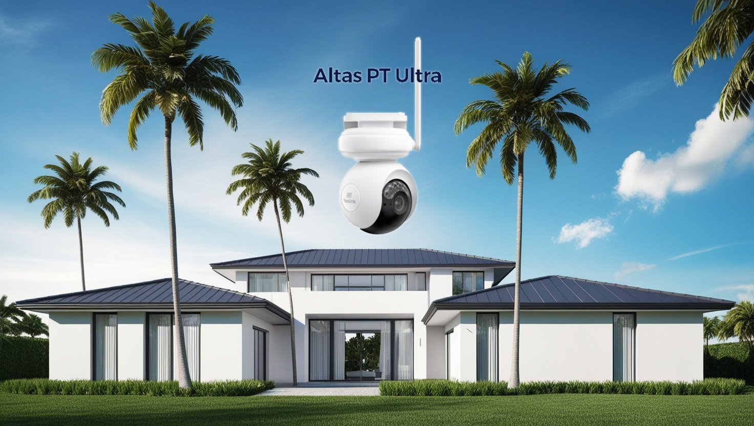 Cámara de seguridad Reolink Altas PT Ultra montada al aire libre, ideal para exteriores, con diseño robusto y elegante.