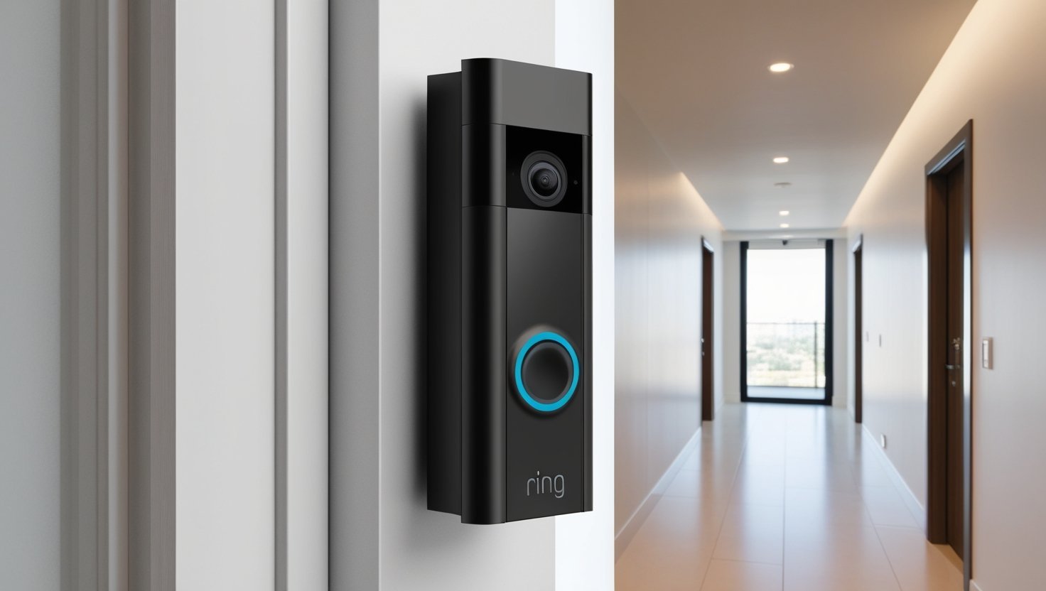 Timbre Ring inteligente instalado en la puerta de un departamento, mostrando su cámara HD y diseño moderno en un pasillo bien iluminado.