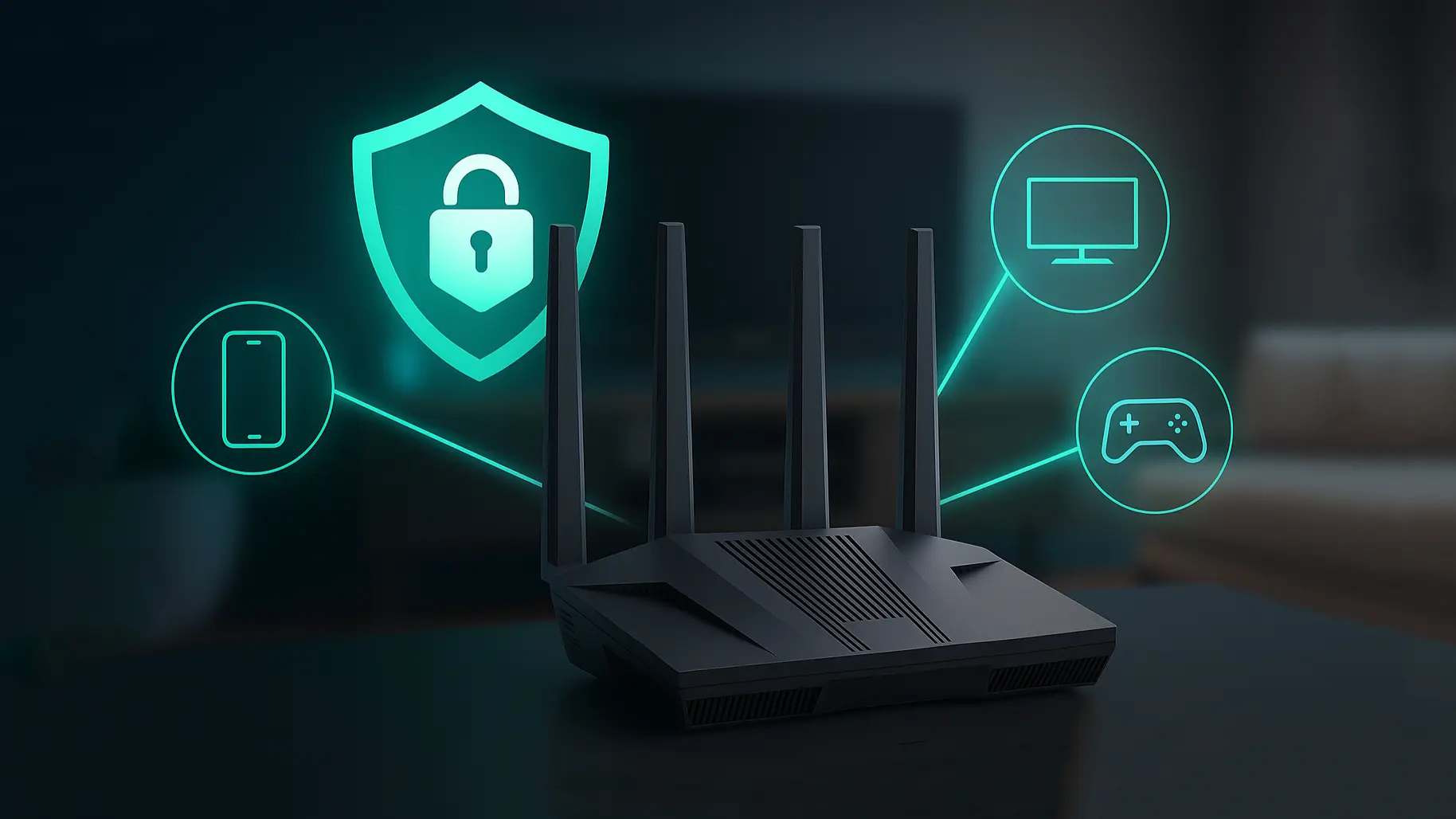 Router GL.iNet Flint 2 con iconos de móvil, TV y consola conectados a un escudo de privacidad; concepto de red doméstica segura con DNS cifrado.