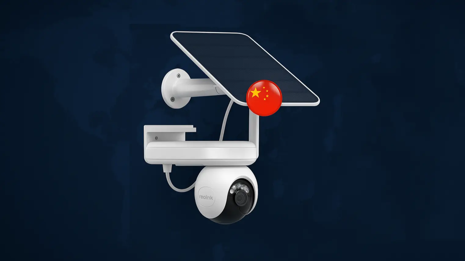 Cámara Reolink con panel solar sobre mapa mundial, logo SOBOTZO y bandera de China; portada del artículo “¿Reolink es de China?”.
