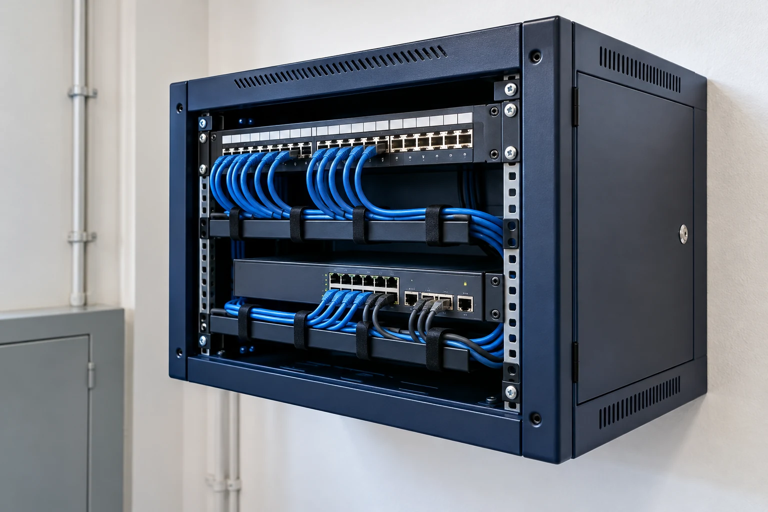 Rack de red con switches y patch panels.