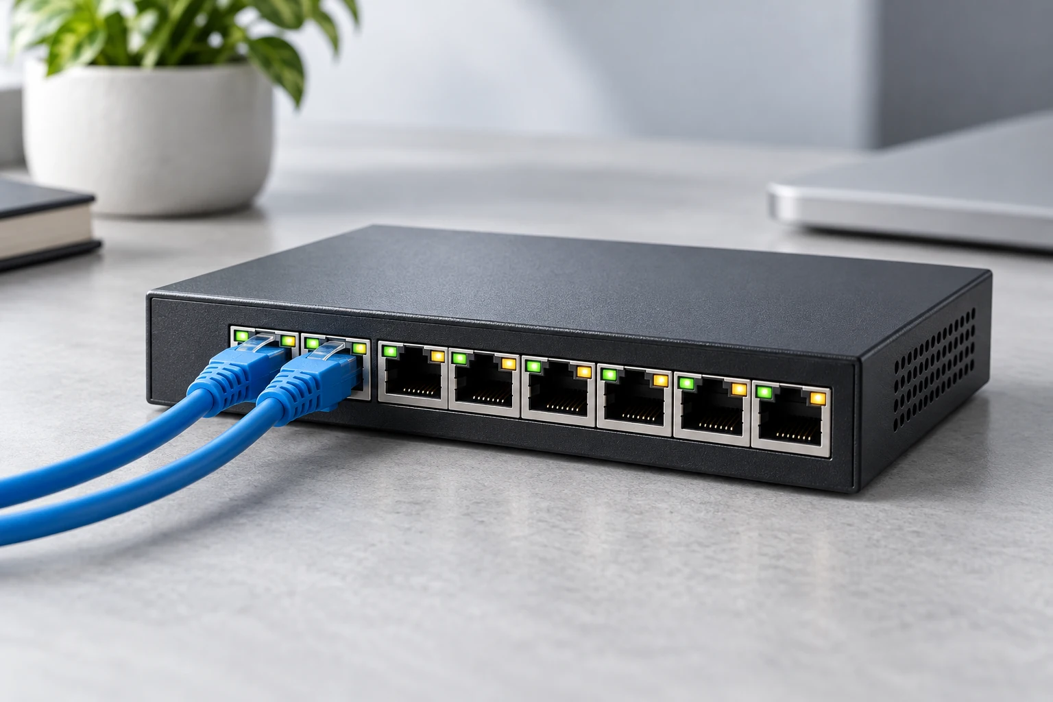 Switch PoE para conectar cámaras y equipos de red.